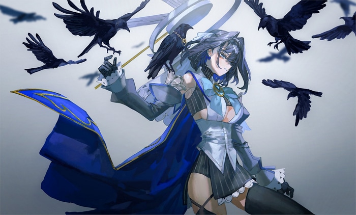 Ouro Kronii surrounded by crows with a blue cape