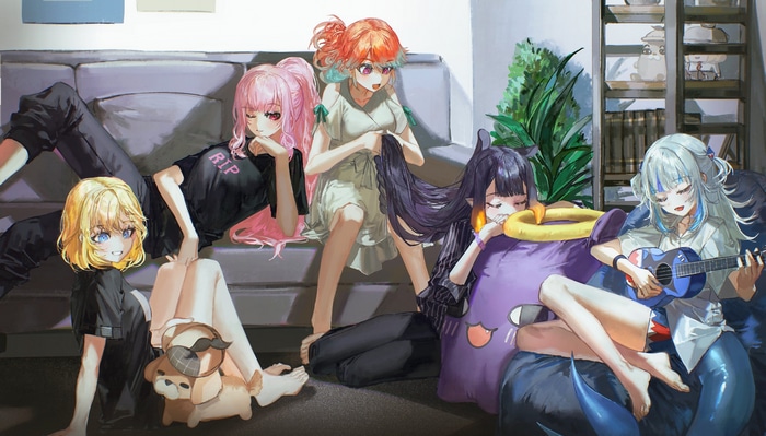 Hololive EN members relaxing on a couch