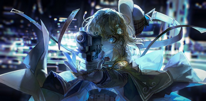 Watson Amelia aims a gun with a pocketwatch