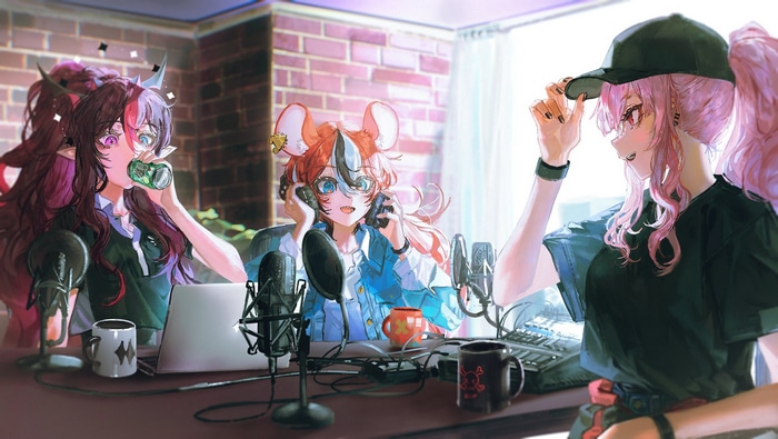 Hololive VTubers Mori Calliope, Hakos Baelz, and IRyS podcasting