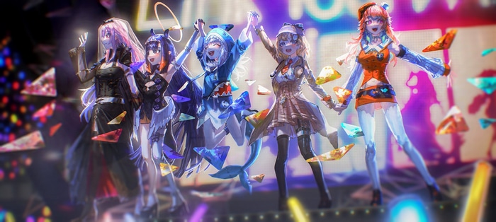 Hololive English members on stage with confetti