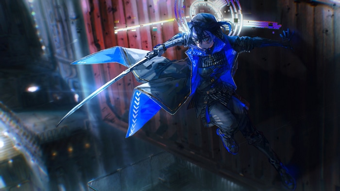 Ouro Kronii with a sword in cyberpunk setting