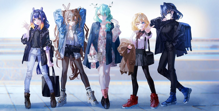 Hololive English members Nanashi Mumei, Ouro Kronii, Ceres Fauna, Watson Amelia, and Ninomae Inanis