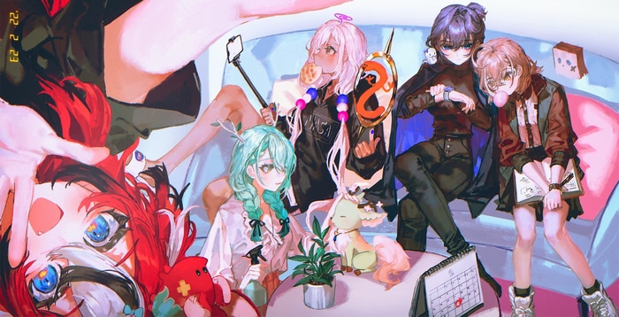 Hololive EN members on a couch with a selfie stick