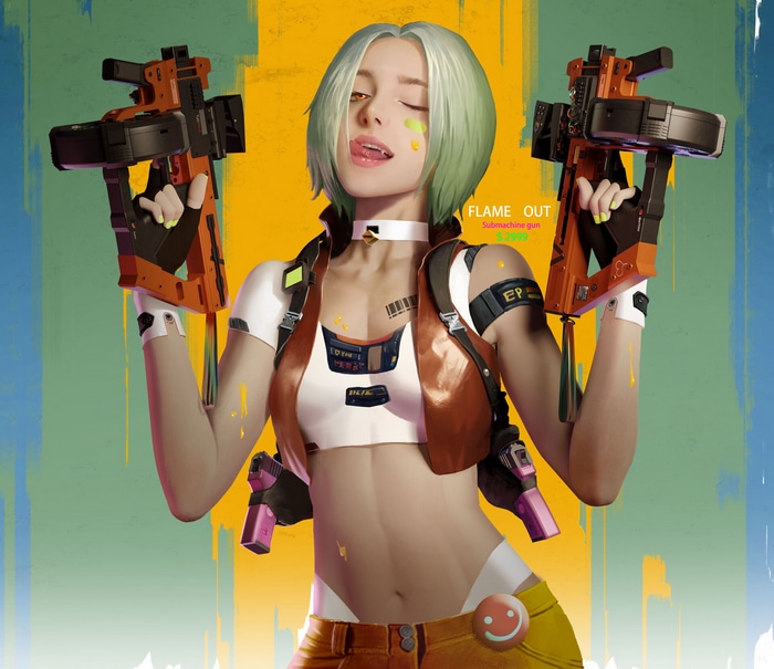 Girl with green hair holding two submachine guns