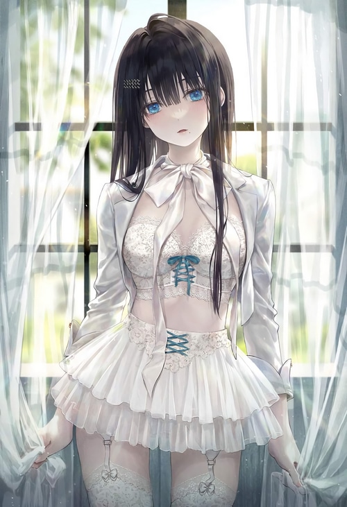Anime girl with blue eyes in white lingerie