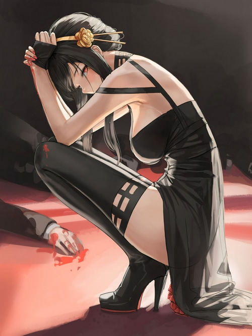 Yor Forger in a black dress with blood