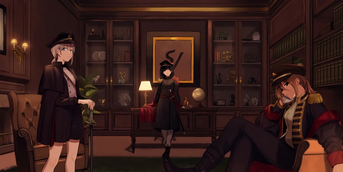 Three people in uniforms in an office