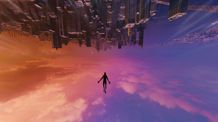 Miles Morales floating in a surreal city sky