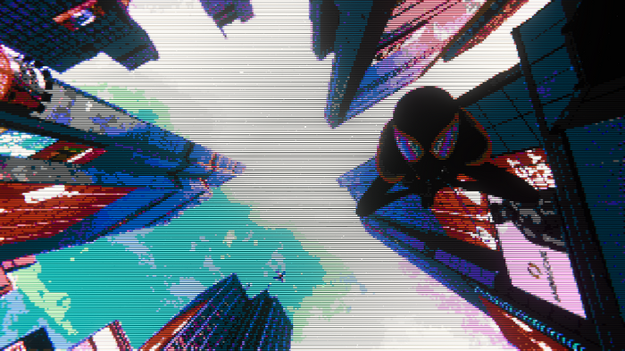 Miles Morales swinging between skyscrapers