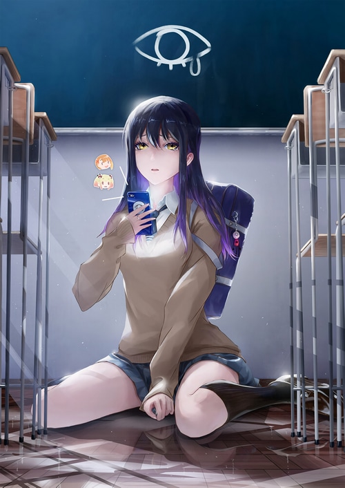 Mieruko-chan Yotsuya Miko in a classroom with a phone
