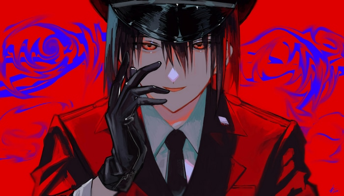 Anime boy with red eyes wearing a hat and gloves