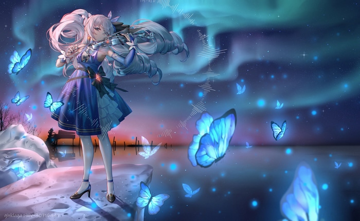 Girl with silver hair playing violin with butterflies and aurora