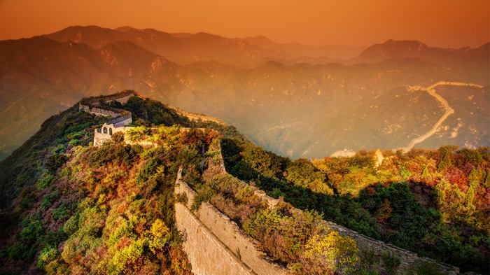 Great Wall of China at sunset glow