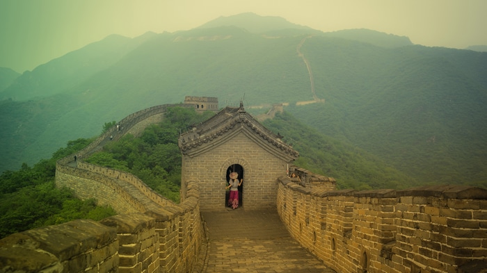 Great Wall of China with a person in a watchtower