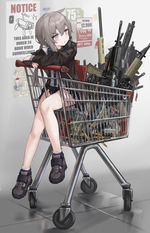 Girl with a shopping cart full of guns