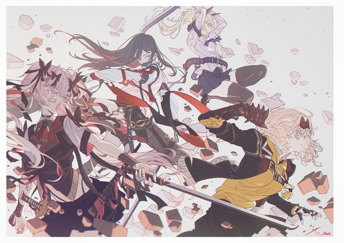 Four anime characters with swords fighting amidst rocks