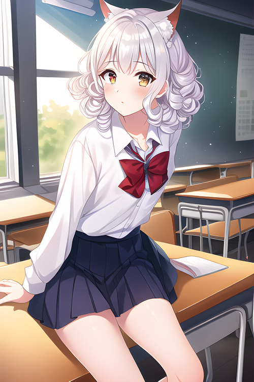 Fox girl in a school uniform in a classroom