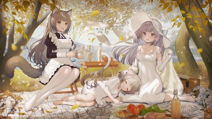 Cat girls having a picnic with food and drinks