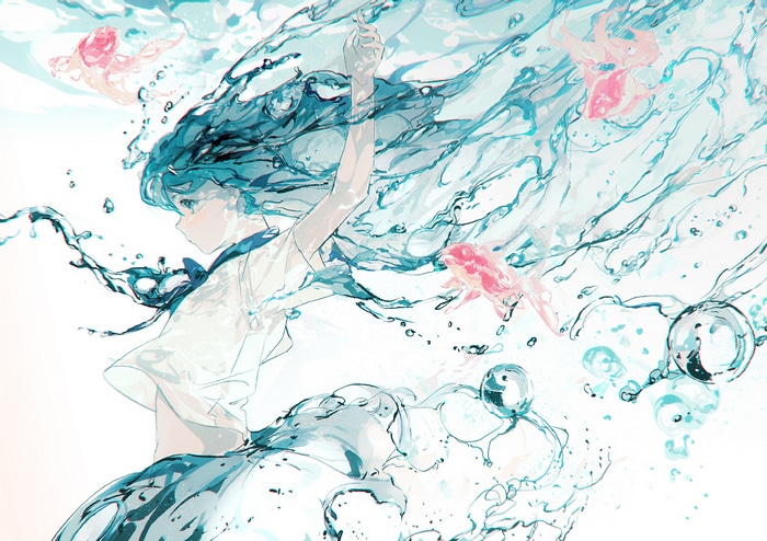 Girl with blue hair and fish in water