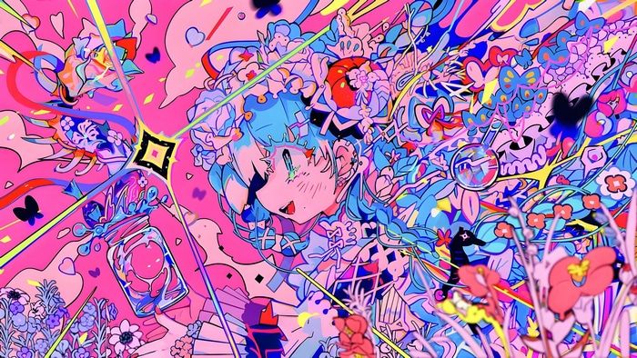 Anime girl with blue hair and eyes surrounded by flowers