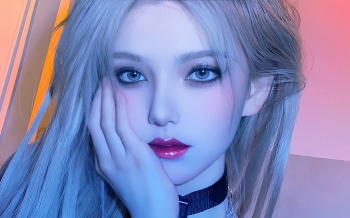 Close-up of a woman with blue eyes and blonde hair