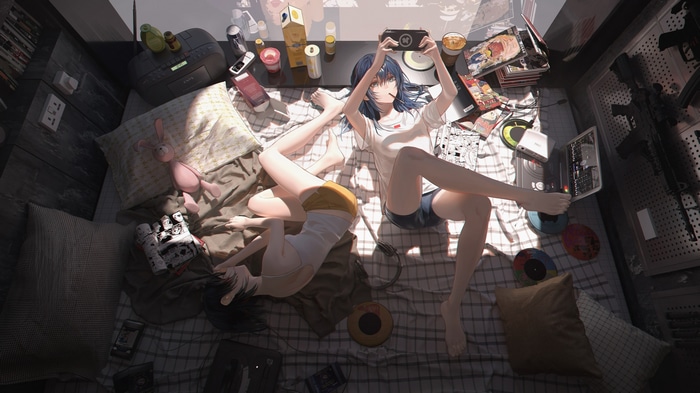Two girls relaxing in a room with weapons and manga