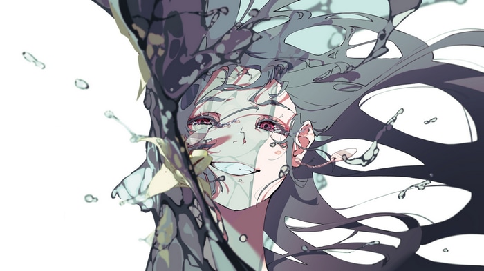 Anime girl with dark, flowing hair and red eyes