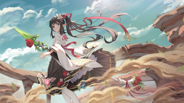 Anime girl with lance and flowers in desert