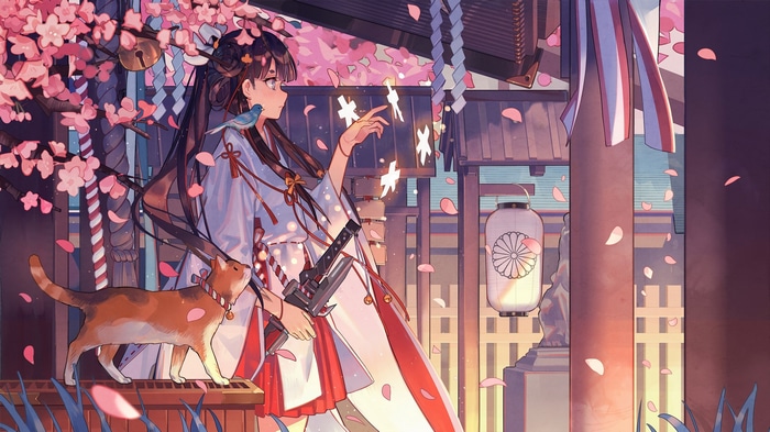Miko with cat and bird under cherry blossoms