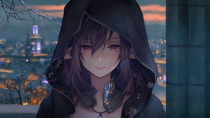 Girl with pointy ears and red eyes in a hood