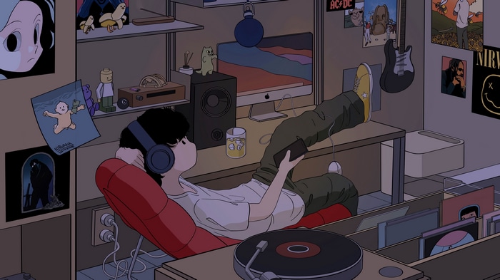 Anime boy listening to music with guitar and vinyl
