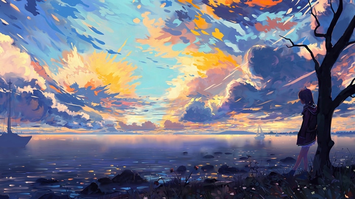 4K anime landscape with a girl by the sea