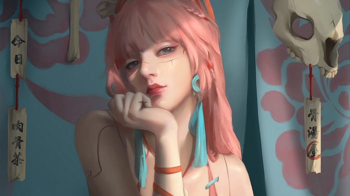 Anime girl with pink hair and skull decoration