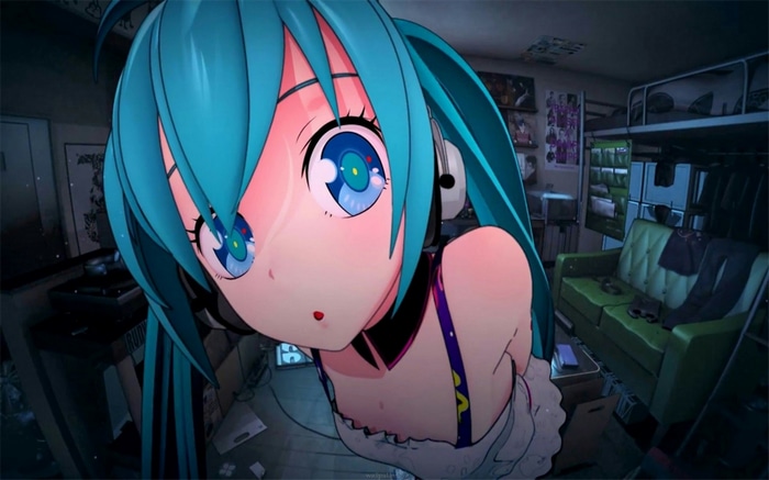 Hatsune Miku with blue hair and headphones in a room