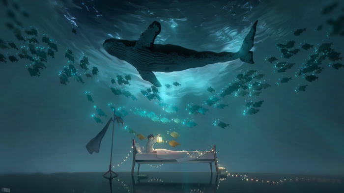 Anime boy in bed with whale and fish
