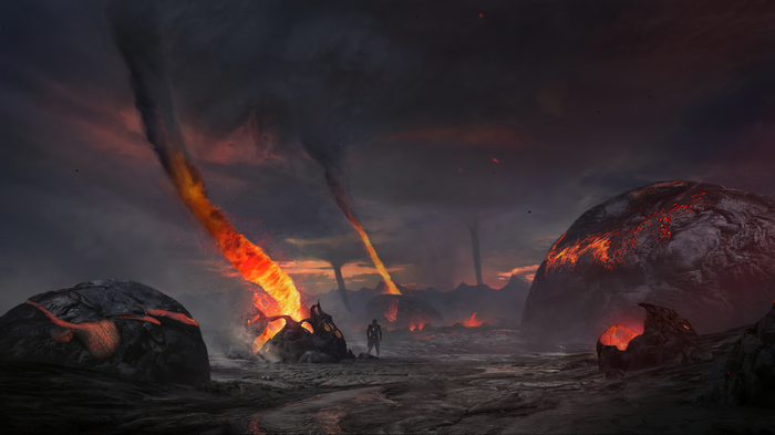 Fantasy art of a volcanic storm with lava tornadoes