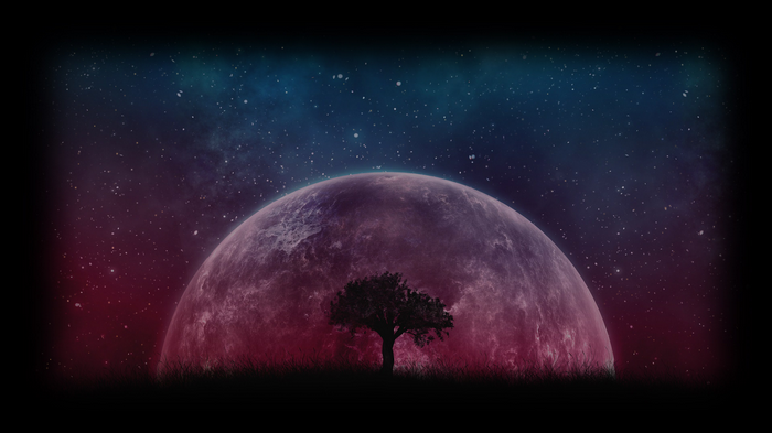 A lone tree silhouetted against a giant planet and starry sky