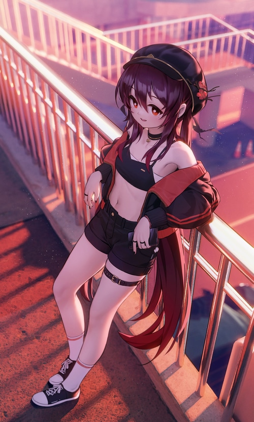 Hu Tao from Genshin Impact leaning on a railing