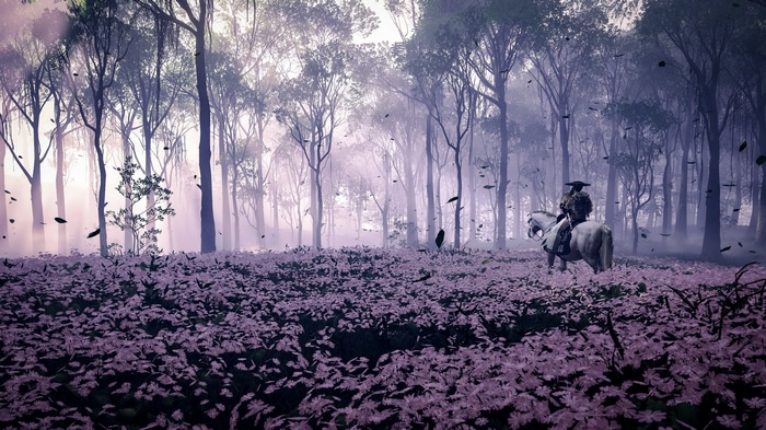 Ghost of Tsushima: Samurai on horseback in a flower field