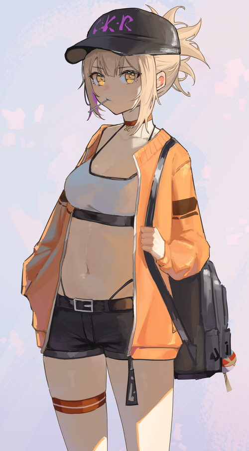 Anime girl with blonde hair wearing a cap and jacket