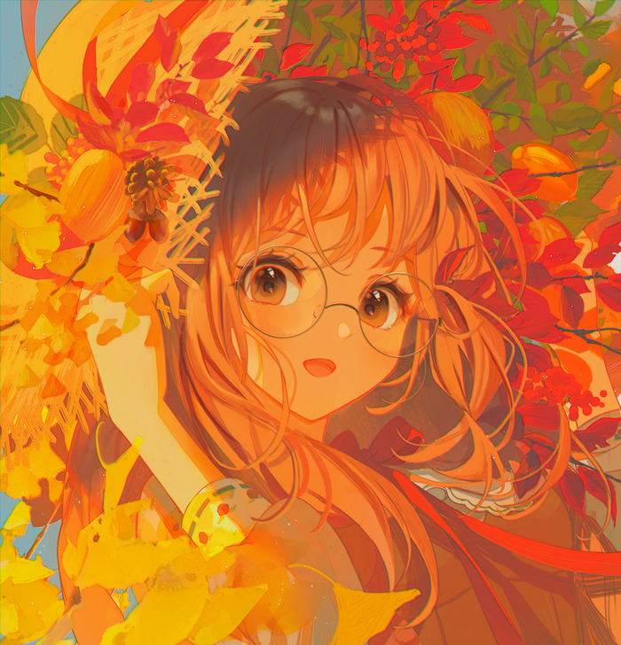Anime girl with glasses and autumn leaves