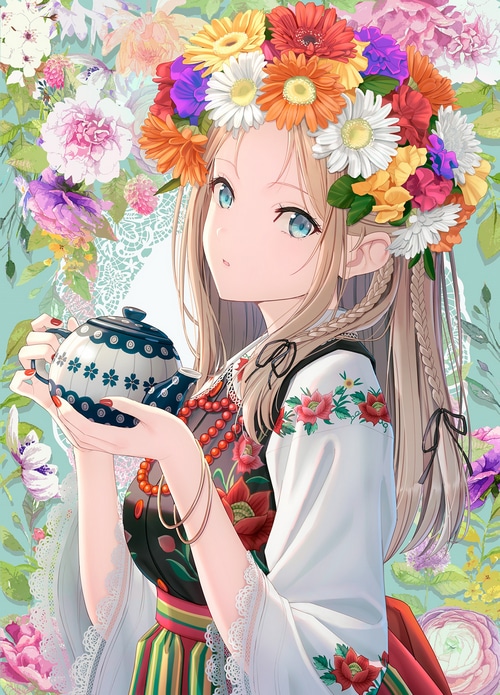 Anime girl with flower crown and traditional clothing holding teapot