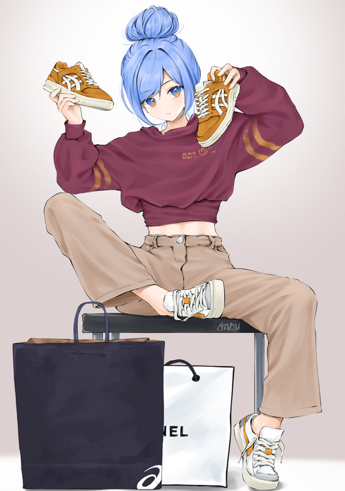 Girl with blue hair holding shoes and shopping bags