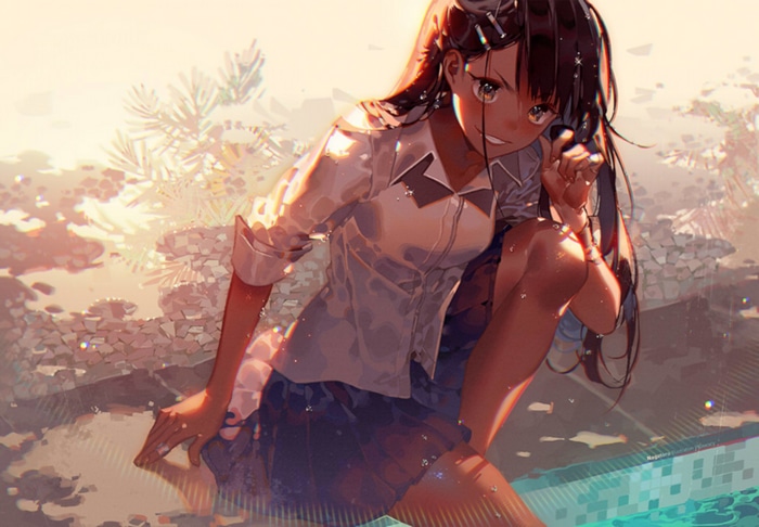 Nagatoro Hayase in a school uniform by a pool