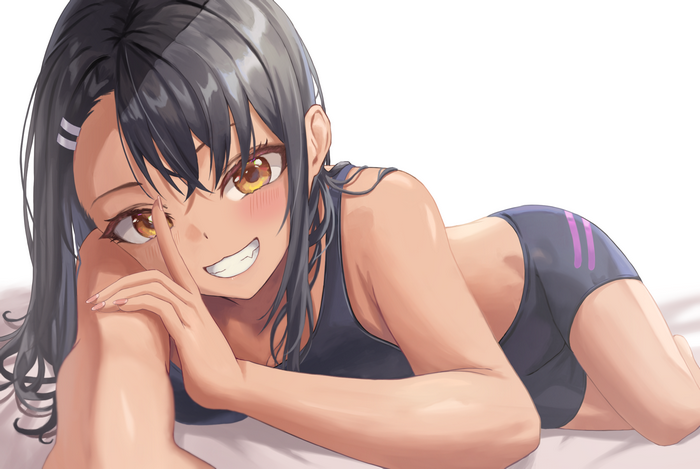 Nagatoro Hayase in swimwear, showing fangs and smiling