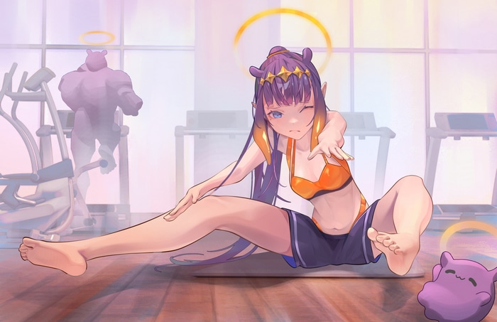 Ninomae Ina'nis stretching in a gym with Takodachi