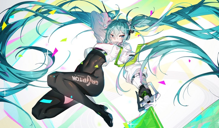 Hatsune Miku with long blue twintails and black bodysuit