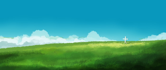 Anime field with a cross under a blue sky