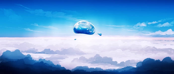 4K artwork of water drops above clouds